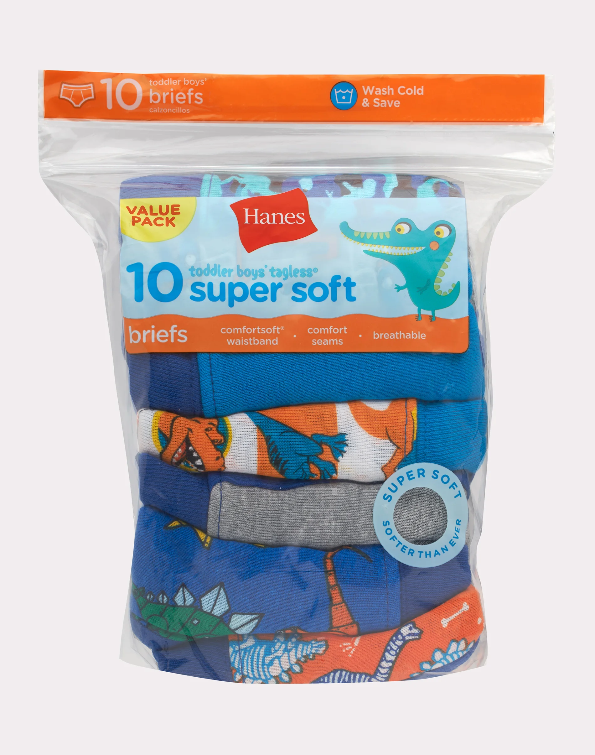 Hanes Toddler Boys' Tagless Briefs, Dinosaur Prints & Solids, 10-Pack #BTTW10