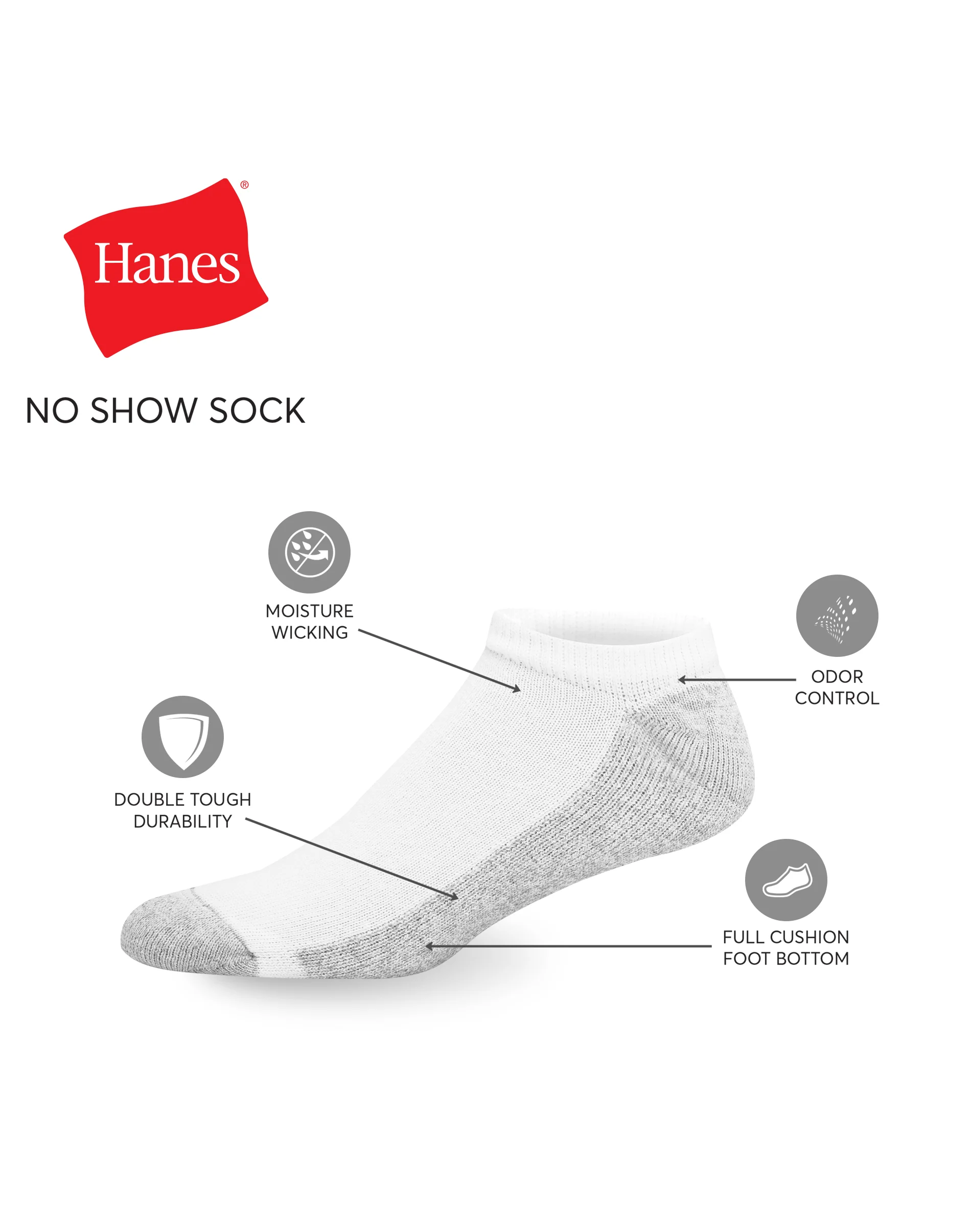 Hanes Double Tough Men's No-Show Socks, Shoe Sizes 6-12, 12-Pairs #190V12
