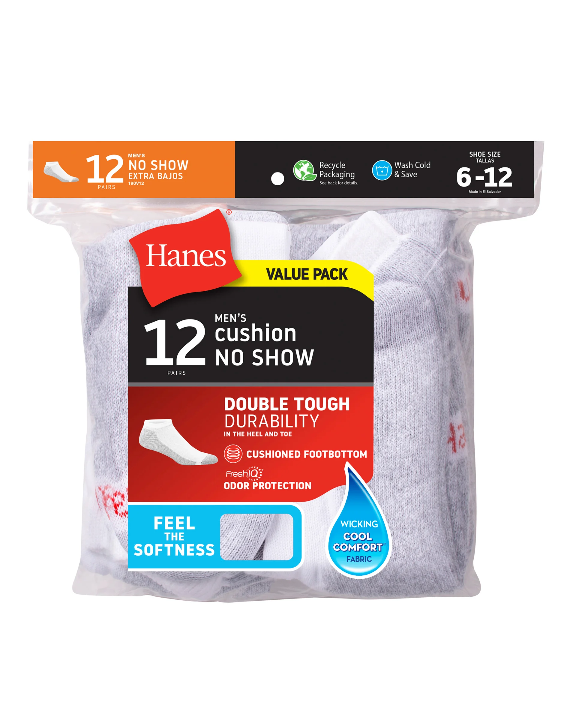Hanes Double Tough Men's No-Show Socks, Shoe Sizes 6-12, 12-Pairs #190V12