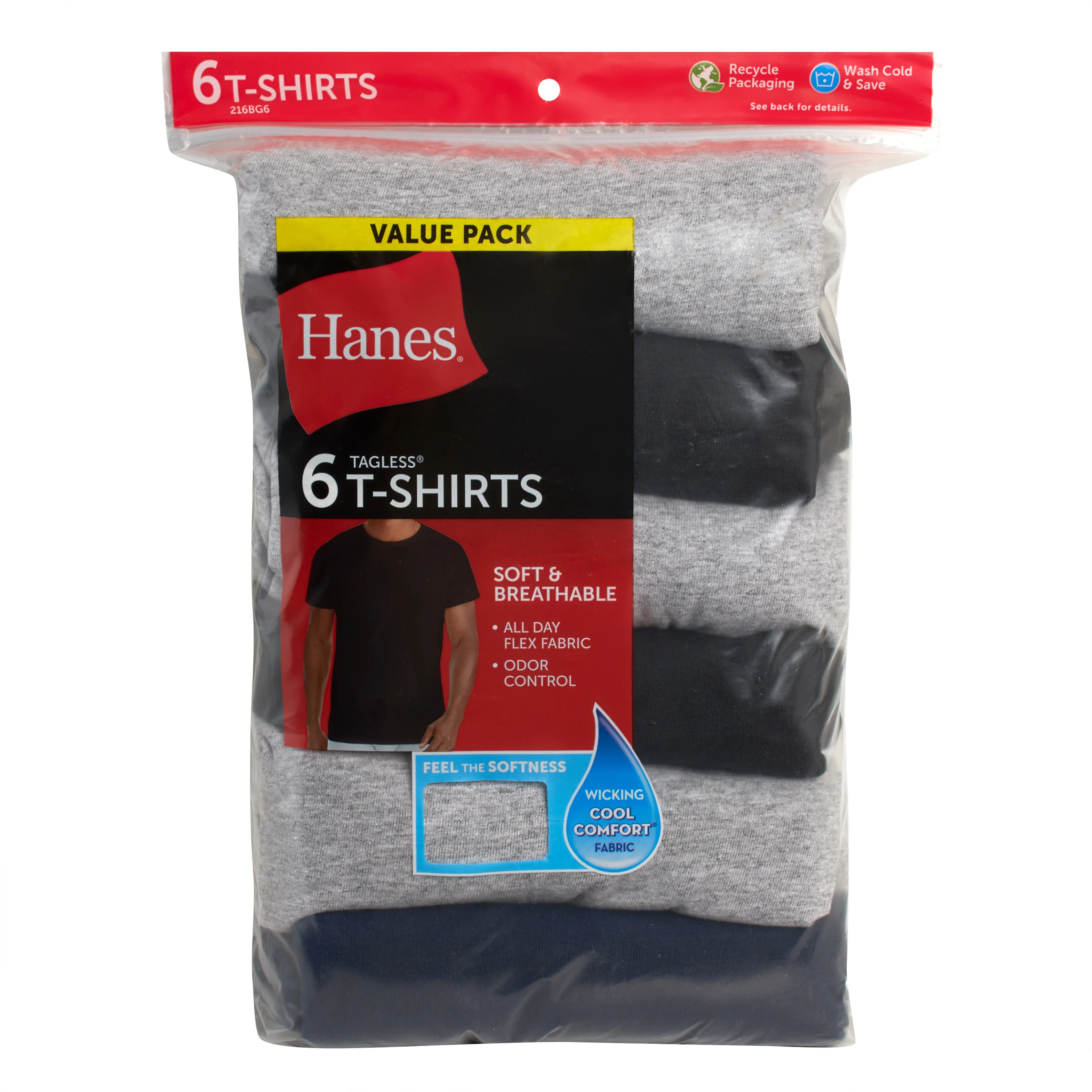 Hanes Men's T-Shirt Pack, Moisture-Wicking Stay-Tucked Undershirts, Black/Grey/Blue, 6-Pack #216BG6