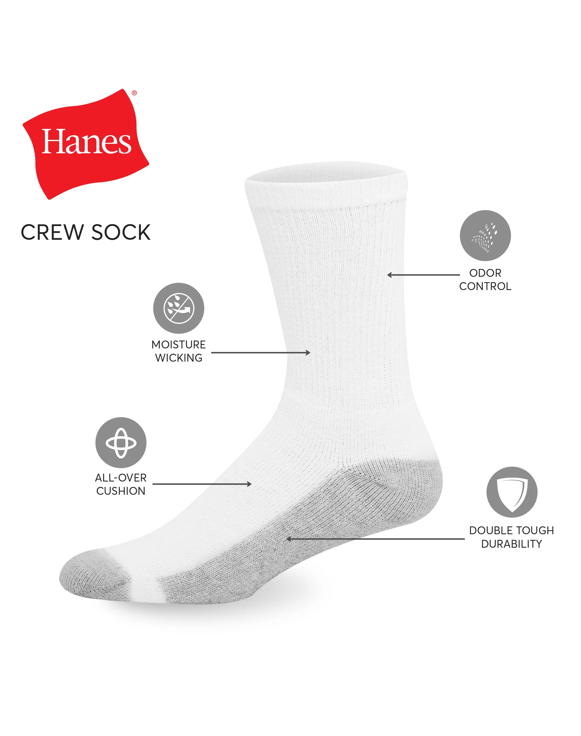 Hanes Double Tough Men's Crew Socks, Shoe Sizes 6-12, 12-Pairs #184V12