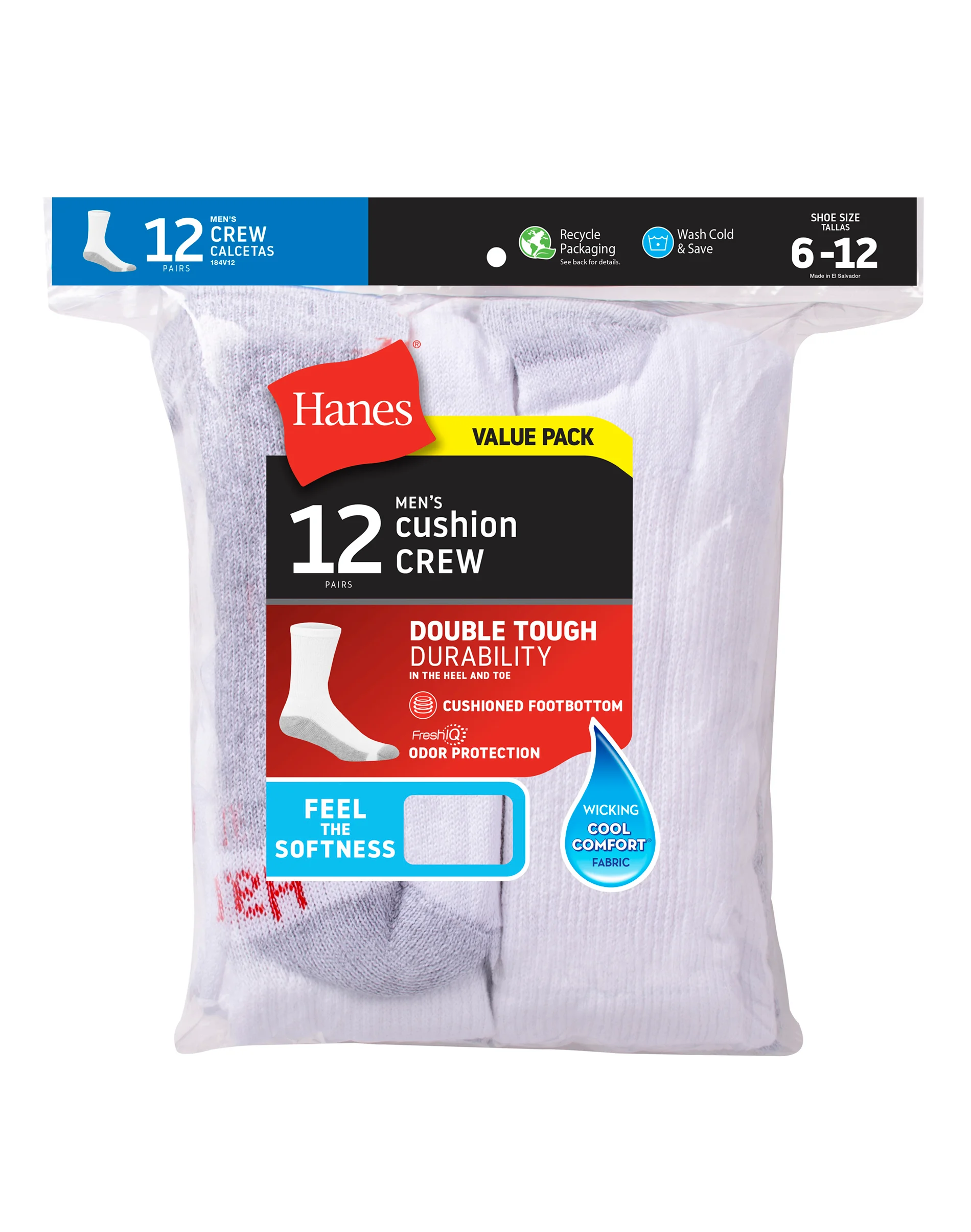 Hanes Double Tough Men's Crew Socks, Shoe Sizes 6-12, 12-Pairs #184V12