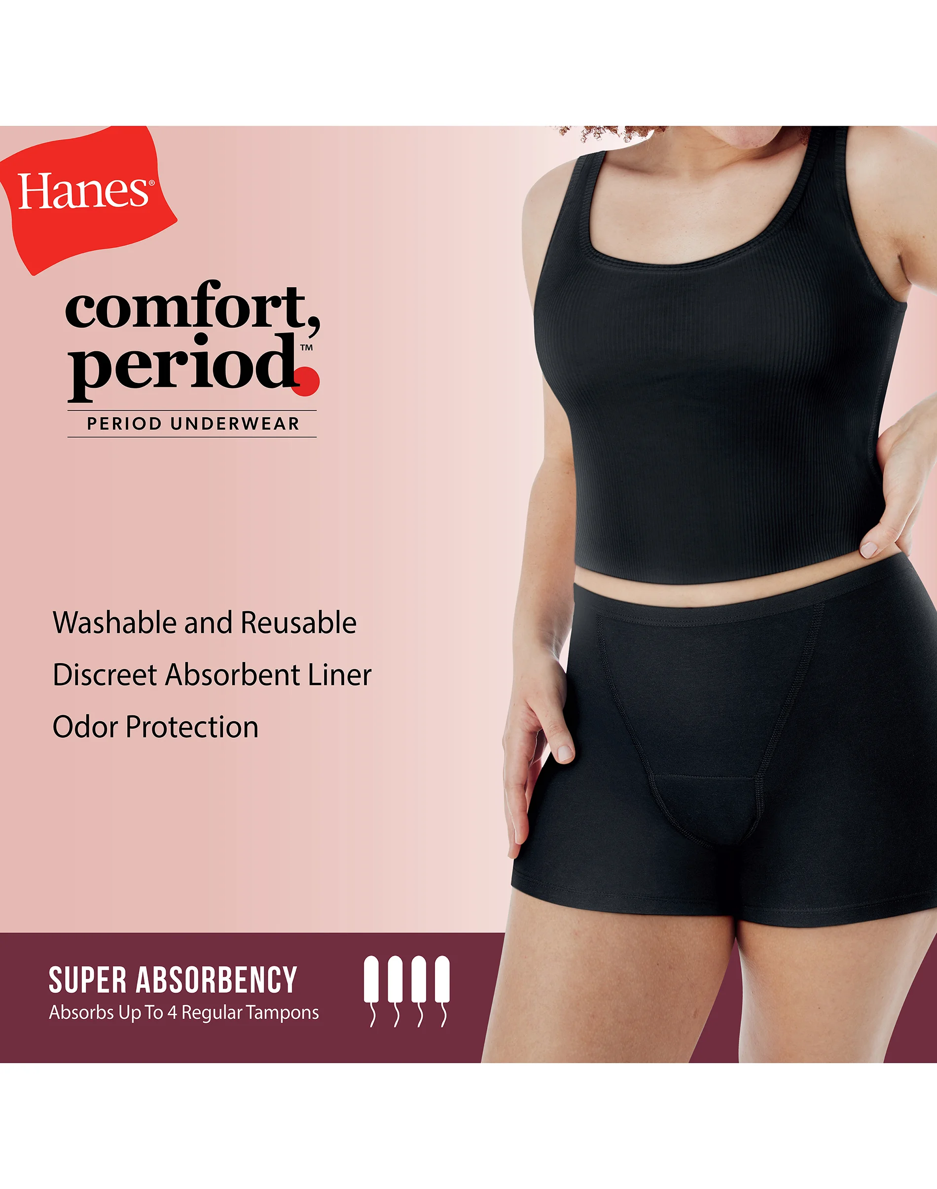 Hanes Comfort, Period. Women's Boxer Brief Period Underwear, Super Leaks, 2-Pack #SP49AS