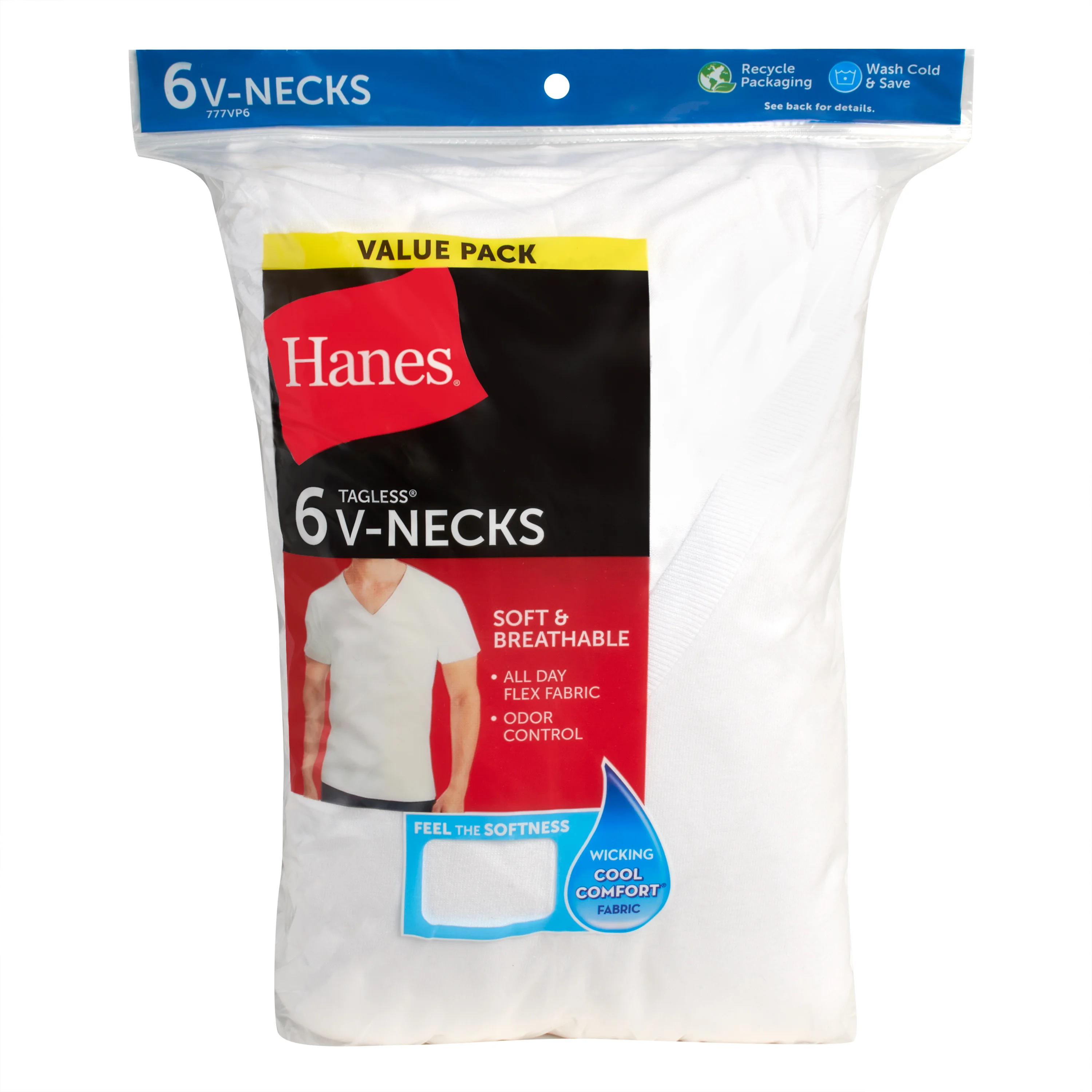Hanes Men's Undershirt Pack, V-Neck, Moisture-Wicking Cotton with Odor Control, 6-Pack #777VP6
